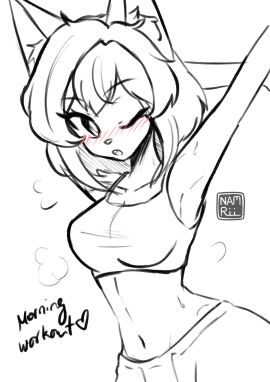 1girls armpits belly belly_button black_and_white blushing bra bright_(namrii_) female fox fox_ears namrii oc one_eye_closed one_eye_open open_mouth tagme watermark