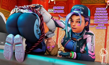 2girls 3d alternate_costume antifragile_slay_star antifragile_traysi arms_behind_back ass bent_over blender blonde_hair bondage english_text face_paint female female_only fingerless_gloves gloves glowing_eyes happy_trance hat hypnosis kneeling le_sserafim mind_control multiple_females multiple_girls nail_polish open_mouth overwatch overwatch_2 pink_eyes purple_hair restrained rope signature smile sneakers sombra supercasket text tracer