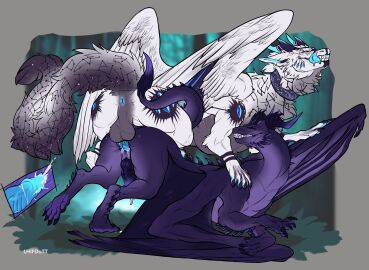 anal anal_sex anus ass balls blue_anus blue_knot blue_penis blue_tongue bodily_fluids claws cum cum_in_ass cum_inside dragon duo erection feathered_wings feathers feral fur furred_dragon furred_scalie genital_fluids genitals grass hi_res horn knot lerkodtt male male/male membrane_(anatomy) membranous_wings mythological_creature mythological_scalie mythology penetration penis perineum plant purple_claws purple_horn purple_knot purple_penis scalie teeth tongue white_body white_fur wings