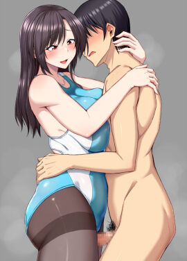 1boy :d bare_shoulders black_hair black_pantyhose blush breasts censored clothed_female_nude_male commentary_request competition_swimsuit completely_nude erection female grey_background highres large_breasts long_hair male male_pubic_hair mosaic_censoring nokoppa nude one-piece_swimsuit open_mouth original pantyhose penis pubic_hair red_eyes simple_background smile straight swimsuit thighband_pantyhose