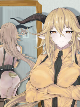 1girls 2024 3_iq_tuna animal_ears arknights ass ass_focus blonde_female blonde_hair blush degenbrecher_(arknights) female hi_res horns kemonomimi light-skinned_female light_skin long_hair looking_at_viewer mirror mirror_reflection nipples nipples_visible_through_clothing no_panties smile solo tail yellow_eyes