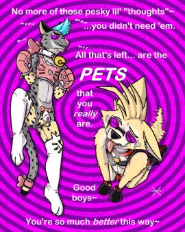4:5 anthro bell bell_collar blake_fawkes bondage bright_colors canid canine chastity_cage chastity_device cock_cage collar dialogue duo english_description english_text felid feline femboy fennec_fox fox hypnosis looking_at_viewer male male/male mammal mind_control no_humans pet_praise petplay praise puppyplay raxca roleplay spiral spiral_eyes text true_fox