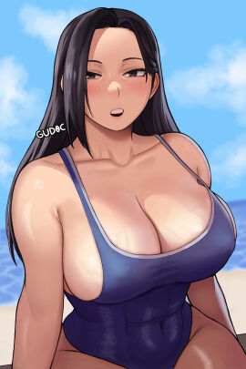 1girls 2024 abs artist_name athletic athletic_female beach belly_button belly_button_visible_through_clothing big_breasts black-haired_female black_hair blue_clothing blush blushing_at_viewer breasts busty cleavage clothed clothed_female clothing collarbone curvaceous curvy eyelashes fat_breasts female fit fit_female flat_belly front_view grey_eyes gud0c hair hi_res hourglass_figure human large_breasts legs_together light-skinned_female light_skin long_hair looking_at_viewer milf momo_yaoyorozu mother my_hero_academia my_hero_academia_(finale) navel navel_visible_through_clothes nipple_bulge nipples one-piece_swimsuit open_mouth outdoors post-timeskip signature sitting six_pack skin_tight solo stomach swimsuit teeth thick_thighs thighs veiny_breasts voluptuous wide_hips