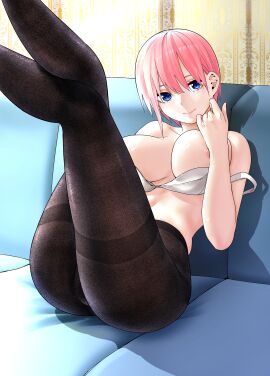 1girls areola_slip ass_visible_through_thighs bare_arms bare_belly bare_shoulders belly_button big_breasts black_pantyhose blue_eyes blush bra bra_down bra_pull breasts collarbone female go-toubun_no_hanayome indoors kosmos_beta legs_up nakano_ichika nipples on_couch pantyhose parted_lips pink_hair shiny_skin short_hair sitting smile strap_slip thighband_pantyhose thighs topless underwear white_bra