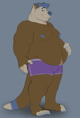 anthro belly big_belly black_eyebrows blue_eyes blue_hair blue_nipples blue_nose furry furry_only hand_on_belly horrorbuns looking_at_viewer male male_only mammal moobs otter overweight overweight_male purple_underwear smile smiling smiling_at_viewer