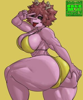 ass big_breasts bikini black_sclera breasts female grabbing_own_ass hourglass_figure huge_ass looking_at_viewer mina_ashido muscular muscular_female my_hero_academia pink-haired_female pink_body pink_hair short_hair shosho_oekaki shueisha swimsuit teasing thick_thighs tongue tongue_out yellow_bikini yellow_eyes