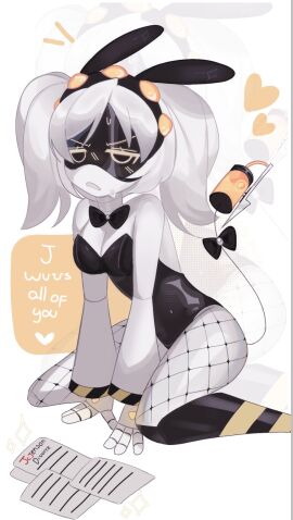 1girls bare_shoulders blush bow bowtie bunny_ears bunnysuit female female_only fishnets furry_murder_drone hairband heart j_(murder_drones) kneeling long_hair murder_drones paper robot robot_girl robot_humanoid screen screen_face solo solo_female sparkles sweat tail twintails white_body white_hair winchuuu yellow_eyes