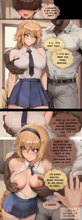 2boys ai_generated aibby big_breasts blacked breasts bully bullying cheating cheating_(relationship) cheating_girlfriend cuck cuckold cuckolding dark-skinned_male dialogue edited fate/grand_order fate_(series) female grabbing_breasts humiliation in_front_of_cuckold infidelity interracial jeanne_d'arc_(fate) netorare ntr panels touching_breast uncensored watermark