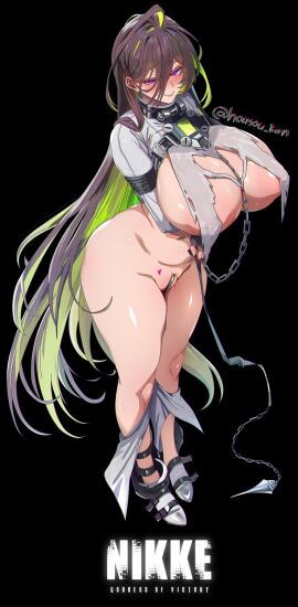 black_background breasts brown_hair chain_leash chains colored_inner_hair copyright_name curvy female full_body goddess_of_victory:_nikke green_hair guilty_(nikke) highres housou-kun huge_breasts leash long_hair looking_at_viewer multicolored_hair prison_clothes purple_eyes restraints smile solo straitjacket thick_thighs thighs torn_clothes very_long_hair