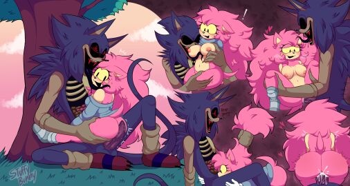 1boy 1girls adult behind_tree breasts cum_in_pussy digital_art digital_drawing_(artwork) digital_media_(artwork) female furry furry_only grabbing licking licking_breast male naked naked_female oc original_character original_characters pink_hair pussy surprised_expression tagme