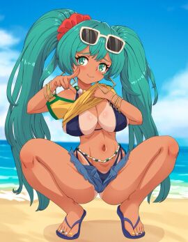 2024 big_breasts bikini blue_bikini blue_hair blush brazilian_miku breasts cleavage feet female female_only flip_flops green_eyes green_nails hatsune_miku long_hair painted_nails painted_toenails shirt_lift short_shorts shorts squatting sunglasses sunglasses_on_head tanline tanned_female tanned_skin thighs tied_hair vocaloid white_nails yellow_nails zuchysdraws