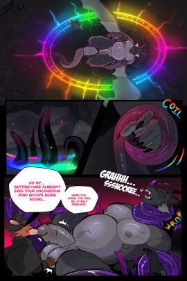 2024 anthro anthro_on_anthro balls balls_fondling bird's-eye_view canid canine cave clothing comic dialogue dragon duo english_text fondling fox genitals hat headgear headwear hi_res high-angle_view humanoid_genitalia humanoid_penis kissing male male/male mammal musclegut muscular mythological_creature mythological_scalie mythology nude open_mouth penis penis_kissing restrained restrained_by_tentacles scalie sharp_teeth sleeping speech_bubble summoning_circle teeth tentacle text throbbing throbbing_penis titansong wizard_hat wizard_robe