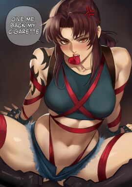1girls bare_shoulders belly belly_button black_lagoon blush blushing brown_hair brunette brunette_hair female female_only fingerless_gloves jean_shorts kirani light-skinned_female light_skin revealing_clothes revy shorts tape tattoo thighs tummy wine_colored_hair