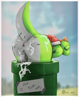 1boy anthro anus ass backsack balls ballsack bent_over big_ass cum cum_in_ass cum_on_ass dinosaur genitals green hi_res kilokitty male male_only mario_(series) nintendo outdoors public public_use raised_tail reptile scalie super_mario_bros. tail tally_marks warp_pipe yoshi
