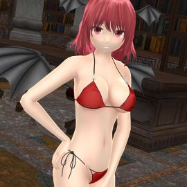 1girls 2024 3d bikini black_string_bikini demon demon_girl demon_wings devil_girl embodiment_of_scarlet_devil female hati_yukkuri_mmd inside koakuma library light-skinned_female light_skin looking_at_viewer mmd red-haired_female red_bikini red_eyes short-haired_female smiling_at_viewer solo_female solo_focus succubus swimsuit touhou wings wings_on_head