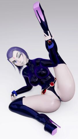 1girls 3d boots breasts dc dc_comics female female_only high_heels large_breasts latex legs leotard partially_visible_vulva platform_heels pussy raven_(dc) saibamanhd short_hair smile solo solo_female spread_legs stiletto_heels very_high_heels