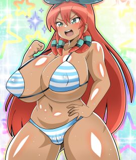 1girls bikini blush bow cameltoe dark-skinned_female dark_skin female green_eyes hairbow hand_on_hip inazuma_eleven inazuma_eleven_(series) inazuma_eleven_go jade_greene long_hair nipple_bulge orange_hair pussy seto_midori snowpowder198 solo solo_female sparkles star striped_bikini wet wet_body
