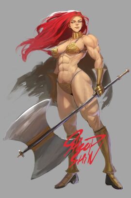1girls abs amazon axe bikini_armor breasts cleavage female grey_background grey_eyes hi_res holding_object holding_weapon long_hair muscular muscular_female navel original pubic_hair_peek red_hair sheep_shin signature simple_background solo standing thick_thighs