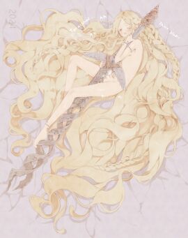 1boy absurdly_long_hair anklet armlet balls bar_censor barefoot blonde_hair blush bracelet censored closed_eyes completely_nude elden_ring english_text feet femboy fromsoftware highres holding holding_sword holding_weapon jewelry long_hair lying male miquella nipples nude nude_male nuupon otoko_no_ko penis shadow_of_the_erdtree small_penis solo sword testicles very_long_hair weapon young young_male