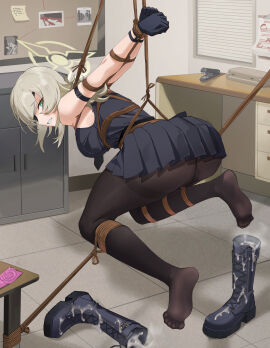 1girls absurdres arms_behind_back arms_tied arms_tied_behind_back black_coat black_gloves black_pantyhose blue_archive bondage bound bound_arms bound_legs bound_wrists brown_halo chuck_(harfmoondark) clothed clothed_female coat cum_in_footwear feet female footwear_fetish gloves greatcoat halo highres looking_at_viewer looking_back no_panties no_shoes pantyhose restrained rope rope_bondage soles suou_(blue_archive) suspension suspension_bondage toes