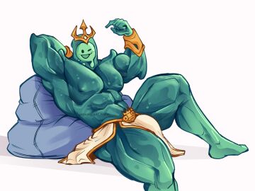 1boy 2024 big_muscles blue_body blush bulge epic_games fortnite goo_creature goo_humanoid hand_behind_back hi_res humanoid keanu_art lying male male_only muscles muscular muscular_humanoid muscular_male one_eye_closed open_mouth open_smile poseidon_(fortnite) rippley_(fortnite) simple_background smile solo white_background