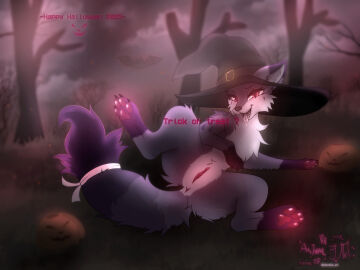 anus astralia_(art) astralia_(character) bat bodily_fluids canid canine canis clothing dialogue female feral food fox fruit fur genitals grass halloween hat headgear headwear hi_res holidays hybrid looking_at_viewer mammal open_mouth pawpads paws plant presenting presenting_pussy presenting_vulva pumpkin purple_body purple_fur pussy saliva solo solo_focus spread_legs spreading talking_to_viewer text tongue tongue_out tree vulva watermark white_body white_fur witch_hat wolf