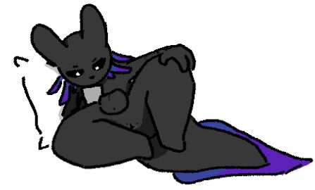 anonymous_artist anthro anus balls black_body black_sclera black_skin distracted electronics genitals male phone pillow rain_world slugcat solo white_eyes