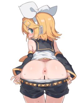 aku0 anus aqua_eyes ass bar_censor bare_shoulders black_shorts blonde_hair blue_eyes blush bow censored clothes_pull detached_sleeves female from_behind hair_ornament hairbow hairclip headphones headset highres kagamine_rin leaning_forward looking_at_viewer looking_back nail_polish neckerchief open_mouth painted_nails panties panty_pull pulling_own_clothes pussy pussy_peek shirt short_hair short_shorts shorts shorts_pull solo standing sweat underwear undressing vocaloid white_bow yellow_nails yellow_neckerchief