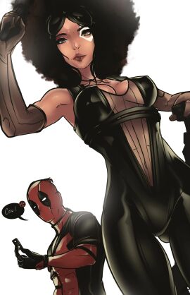 1boy 1girls 7zaki afro afro_hair cleavage dark-skinned_female dark_skin deadpool deadpool_2 domino_(marvel) domino_(zazie_beetz) female looking_at_viewer male marvel marvel_comics superheroine