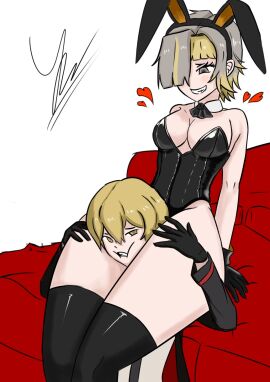 1boy 1girls blonde_hair bunny_ears bunnysuit female headlock headlock_with_thighs heart kromer_(limbus_company) leg_lock limbus_company male project_moon sinclair_(limbus_company) tagme thick_thighs thighs