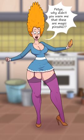 background blue_dress breasts child_bearing_hips cleavage clothing color curvy diklonius dress english_text female garter_straps heels hi_res high_heels huge_breasts mature_female milf mother red_hair semenkova_varvara_nikolaevna soyuzmultfilm stockings text text_bubble the_adventures_of_peter_and_wolf thick_legs thick_thighs voluptuous wide_hips