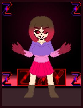 bete_noire betty_noire black_background black_eyes boots brown_hair glitchtale pink_sweater pixel pixel_art purple_sweater red_eyes skirt wearing_clothes zixy