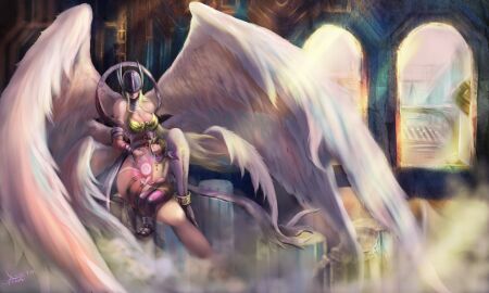 2010s 2014 2girls absurd_res angel_wings angewomon armor asymmetrical_clothes blonde_hair breastplate brown_hair covered_eyes dated digimon digimon_(species) digimon_adventure elbow_gloves female gloves helmet highres hikari_yagami johnson_zhuang long_hair multi_wing multiple_females multiple_girls red_eyes short_hair signature size_difference smile wings