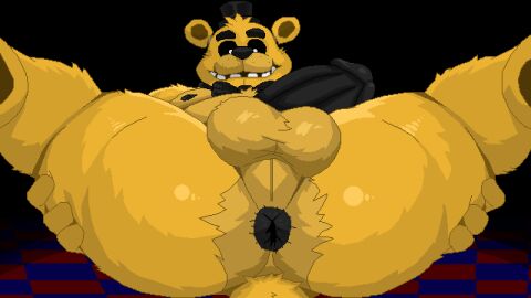 16:9 animated anthro anus ass balls bear belly black_eyes bow_tie butt_grab clothing digital_media_(artwork) erection five_nights_at_freddy's genitals golden_freddy_(fnaf) hand_on_butt hat headgear headwear humanoid looking_down lying male male_only mammal myuger nipples nude on_back penis pixel_(artwork) pixel_animation presenting presenting_anus presenting_hindquarters pupils scottgames short_playtime slightly_chubby smile solo spread_legs spreading tail top_hat white_pupils widescreen yellow_body