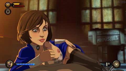bioshock bioshock_infinite blue_dress bowl_cut breasts cock corset dark-skinned_male dark_skin dick dress_lift elizabeth_comstock female hand_on_hip holding_penis laying_on_floor laying_on_side male male_on_bottom necklace pecks penis short_hair smile stockings tan_skin tan_skinned_female thighhigh_stockings thighhighs thighs vest zone