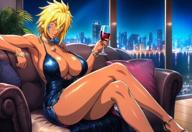 1girls ai_generated bleach dark_skin dress huge_breasts smile tia_harribel wine wine_glass