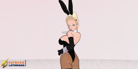 1girls 3d android_18 artist_logo artist_name black_leotard blonde_hair bunny_ears bunnysuit dragon_ball dragon_ball_z female latinkaixa leotard playboy_bunny