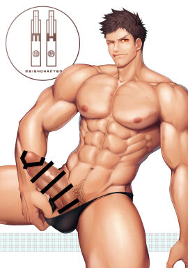 1boy abs amber_eyes bara beard_stubble beefy biceps big_areola big_chest big_hands big_penis black_underwear blush brown_hair censor_bar censored censored_penis daddy dilf eight_pack erection gay hi_res highres huge_cock looking_at_viewer male male_focus male_only meisho_hanten muscles muscular muscular_arms original original_character pecs penis pubic_hair short_hair simple_background sitting six_pack solo solo_male thick_arms thick_penis tongue tongue_out underwear underwear_down vein veiny_penis wide_shoulders yaoi