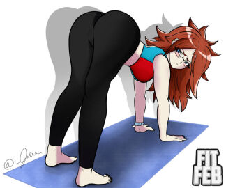 1girls android_21 android_21_(human) ass ass_focus big_ass blue_eyes brown_hair clothed dragon_ball dragon_ball_fighterz dragon_ball_super earrings exercise_clothing female female_only glasses hi_res highres laserclaw7 long_hair milf painted_nails pussy solo solo_female sports_bra sports_panties thick_ass visible_through_clothes vomi_(dragon_ball)