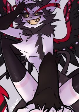 2boys angel_dust_(hazbin_hotel) anthro aroused artist_name artist_signature feline feline_humanoid femboy femboysub furry gay hand_on_chest hazbin_hotel horny husk_(hazbin_hotel) joltikon male male/male male_only pov sharp_teeth simple_background sweat sweatdrop tagme taker_pov vivziepop wings yaoi