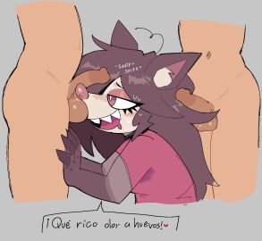 2024 american_opossum anthro aweeeson balls balls_sniffing blush blush_lines bodily_fluids brown_arms brown_body brown_fur brown_hair clothing dialogue digital_drawing_(artwork) digital_media_(artwork) drooling eyelashes female fur genitals grey_background grey_body grey_fur group group_sex hair hands_on_legs hi_res human human_on_anthro inner_ear_fluff interspecies lidded_eyes lilmoonie long_hair male male/female mammal marsupial messy_hair molly_(aweeeson) multicolored_arms multicolored_body multicolored_fur narrowed_eyes open_mouth open_smile opossum penis pink_clothing pink_inner_ear pink_nose pink_shirt pink_topwear possum saliva sex sharp_teeth shiny_eyelids shirt simple_background smile sniffing sniffing_balls spanish_dialogue spanish_text sweat sweat_stain tan_body tan_skin teeth text threesome topwear trio tuft uncensored white_inner_ear_fluff