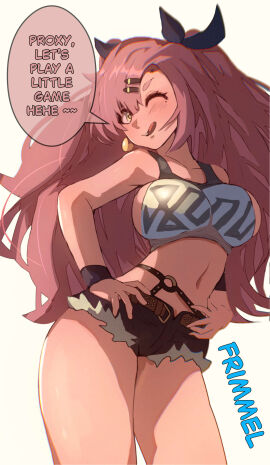1girls artist_name big_breasts blush breasts crop_top earrings english_text female female_only fit fit_female frimmel green_eyes hairclip hands_on_hips large_breasts long_hair looking_at_viewer midriff mole mole_under_eye navel nicole_demara one_eye_closed pink_hair short_shorts simple_background talking_to_viewer text thick_thighs thighs tongue white_background zenless_zone_zero