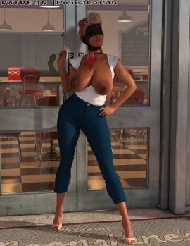 1girls 3d areolae big_breasts blonde_hair breasts exhibitionism faceless faceless_female female large_areolae mask nipples outdoors pious_15th sagging_breasts solo