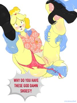 animal_crossing anthro canid canine clothing darkness35wolf digital_media_(artwork) disembodied_hand female fluffy fluffy_tail footwear genitals ghost_hands hi_res isabelle_(animal_crossing) mammal nintendo pawpads paws pussy questionable_consent removed_clothing shoes shoes_removed solo spread_legs spreading tail torn_clothing