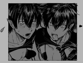 2boys alternate_costume bikini bikini_top bishonen blush demon demon_boy demon_tail dual_persona fangs fellatio_gesture gintama hair_between_eyes headband hijikata_toshiro incubus looking_at_viewer male male_only mayonnaise micro_bikini monochrome nervous open_mouth oyoy_gh pointy_ears pov sexually_suggestive shirt_up shrug_(clothing) suggestive_gesture tears tongue tongue_out tosshi_(gintama) upper_body