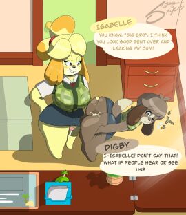 1boy 1futa after_sex animal_crossing anthro anus ass bent_over bite biting_lip blouse bodily_fluids bottomwear breasts brother_(lore) brother_and_sister brother_and_sister_(lore) bulge canid canine canis clothed clothing clothing_lift crossdressing cum cum_in_ass cum_inside dialogue digby_(animal_crossing) domestic_dog duo futanari genital_fluids genitals hand_on_ass hand_on_butt hi_res incest incest_(lore) intersex intersex/male isabelle_(animal_crossing) male mammal nintendo office penis raised_bottomwear raised_clothing raised_skirt shih_tzu sibling_(lore) sister_(lore) skirt skirt_lift speech_bubble spread_ass spread_butt spreading string_bow sugary_skye sweat sweatdrop text thick_thighs topwear toy_dog vest