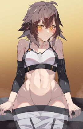 arknights female no_panties plume_(arknights) plume_(easy_time)_(arknights) pulling_down_shorts sasa_onigiri shorts sports_bra sportswear thighs