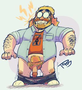 1boy 4_fingers arm_hair beard blonde_hair caucasian caucasian_male facial_hair glasses human key leg_hair male male_only original pants_down penis pubic_hair shocked_expression solo_male teeth topony vein