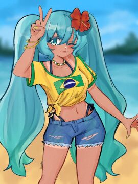 1girls blue_hair blush blushing blushing_female brazil brazilian brazilian_female brazilian_flag brazilian_miku countries country female flower_in_hair geography hatsune_miku hips hispanic international jewelry jorts latin_american_hatsune_miku_(meme) necklace revealing_clothes ripped_jeans short_jeans skinny skinny_female south_america south_american tan_line tan_lines tanline tanlines vocaloid yellow_nail_polish yellow_nails