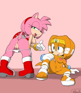 amy_rose anthro anus areola ass bent_over bottomwear breasts clothed clothing digital_media_(artwork) duo echidna eulipotyphlan exposed_breasts female footwear fur genitals gloves green_eyes hair handwear hedgehog hi_res looking_at_viewer looking_back mammal monotreme naked_footwear navel neo_x6 nipples open_mouth panties panties_down partially_clothed pink_body presenting presenting_anus presenting_hindquarters presenting_pussy pussy rear_view sandals sega shoes simple_background sitting skirt smile sonic_(series) sonic_adventure sonic_the_hedgehog_(series) spread_legs spreading tail tikal_the_echidna topwear underwear underwear_down